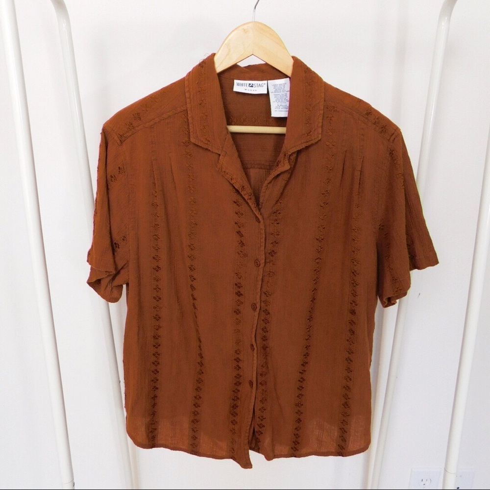 Vintage Burnt Sienna Embroidered Button Up Blouse